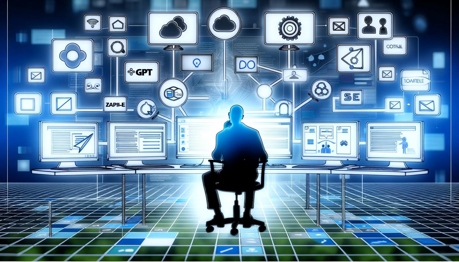 Allein arbeitende Person vor mehreren Monitoren mit Icons von GPT, Zapier, DALL-E und SEO-Tools, umgeben von Content-Flowcharts, Checklisten und Cloud-Symbolen. Darstellung effizienter, automatisierter Publishing-Prozesse.