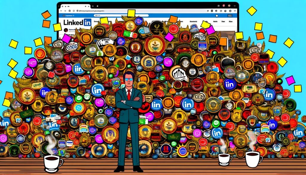 Comic-Stil Darstellung eines überfüllten LinkedIn-Profils mit Abzeichen, Trophäen, Siegeln, sowie Kaffee- und Post-it-Chaos. Daneben ein skeptischer Online-Marketing-Profi vor einer vollen Website.