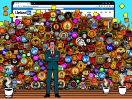 Comic-Stil Darstellung eines überfüllten LinkedIn-Profils mit Abzeichen, Trophäen, Siegeln, sowie Kaffee- und Post-it-Chaos. Daneben ein skeptischer Online-Marketing-Profi vor einer vollen Website.