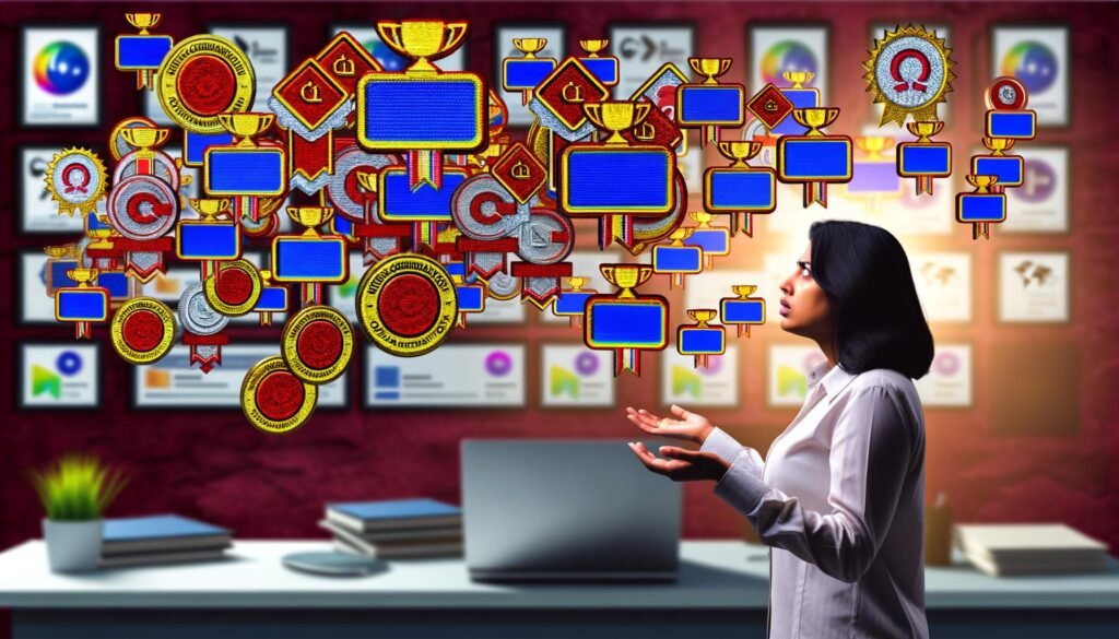 Chaotischer digitaler Arbeitsplatz mit vielen Online-Zertifikaten und zweifelnden Marketer vor einer verschwommenen LinkedIn-Profilwand.