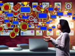 Chaotischer digitaler Arbeitsplatz mit vielen Online-Zertifikaten und zweifelnden Marketer vor einer verschwommenen LinkedIn-Profilwand.