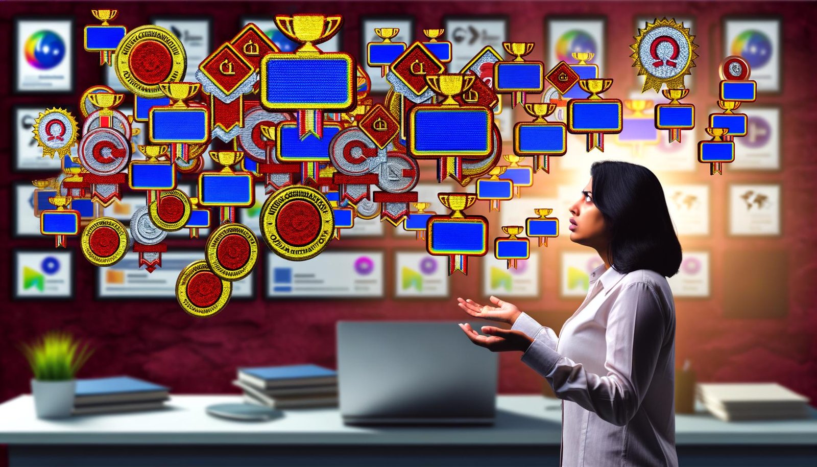 Chaotischer digitaler Arbeitsplatz mit vielen Online-Zertifikaten und zweifelnden Marketer vor einer verschwommenen LinkedIn-Profilwand.