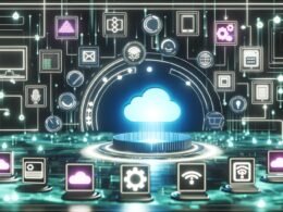 Abstraktes Tech-Landschaftsbild mit einem eleganten, cloudbasierten Content-Hub im Mittelpunkt. Leuchtende, strukturierte Datenströme verbinden den Hub mit Frontend-Geräten wie Desktop, Mobilgerät, Smartwatch, Sprachassistent und IoT-Display. Umgeben von UI-Elementen, API-Icons, Microservices und Cloud-Symbolen, digital und modern dargestellt.