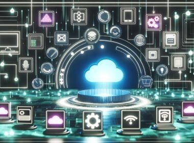 Abstraktes Tech-Landschaftsbild mit einem eleganten, cloudbasierten Content-Hub im Mittelpunkt. Leuchtende, strukturierte Datenströme verbinden den Hub mit Frontend-Geräten wie Desktop, Mobilgerät, Smartwatch, Sprachassistent und IoT-Display. Umgeben von UI-Elementen, API-Icons, Microservices und Cloud-Symbolen, digital und modern dargestellt.