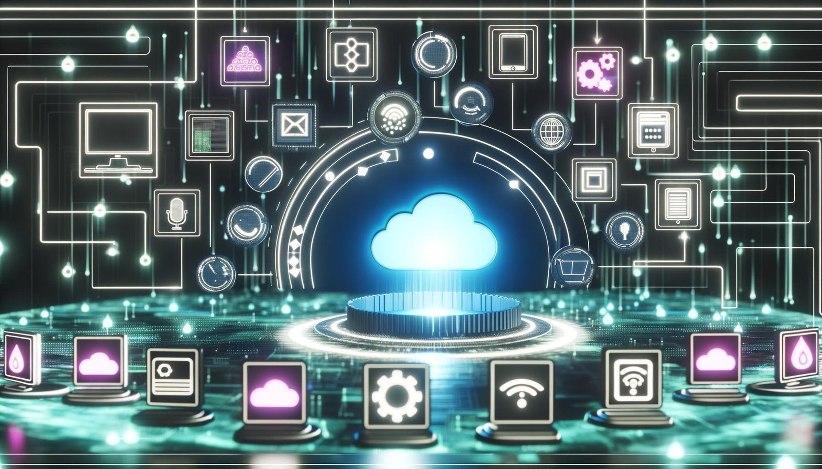 Abstraktes Tech-Landschaftsbild mit einem eleganten, cloudbasierten Content-Hub im Mittelpunkt. Leuchtende, strukturierte Datenströme verbinden den Hub mit Frontend-Geräten wie Desktop, Mobilgerät, Smartwatch, Sprachassistent und IoT-Display. Umgeben von UI-Elementen, API-Icons, Microservices und Cloud-Symbolen, digital und modern dargestellt.