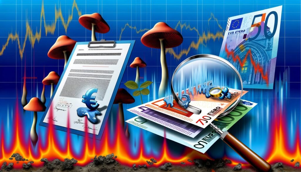 Dynamische, dystopische Titelseite eines Finanzmagazins mit schmelzenden Euro-Scheinen auf Dokumenten, Pilzen mit Banklogos und fallenden Börsendiagrammen im Hintergrund.