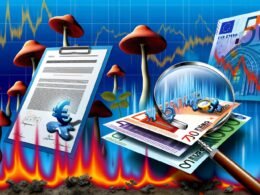 Dynamische, dystopische Titelseite eines Finanzmagazins mit schmelzenden Euro-Scheinen auf Dokumenten, Pilzen mit Banklogos und fallenden Börsendiagrammen im Hintergrund.