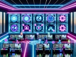 Futuristischer Raum mit digitalen Marketers analysiert Datenströme an holografischen Dashboards und API-Verbindungen zwischen Headless CMS, KI und Smart Devices