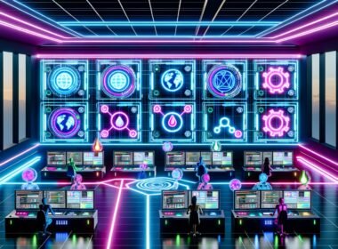 Futuristischer Raum mit digitalen Marketers analysiert Datenströme an holografischen Dashboards und API-Verbindungen zwischen Headless CMS, KI und Smart Devices