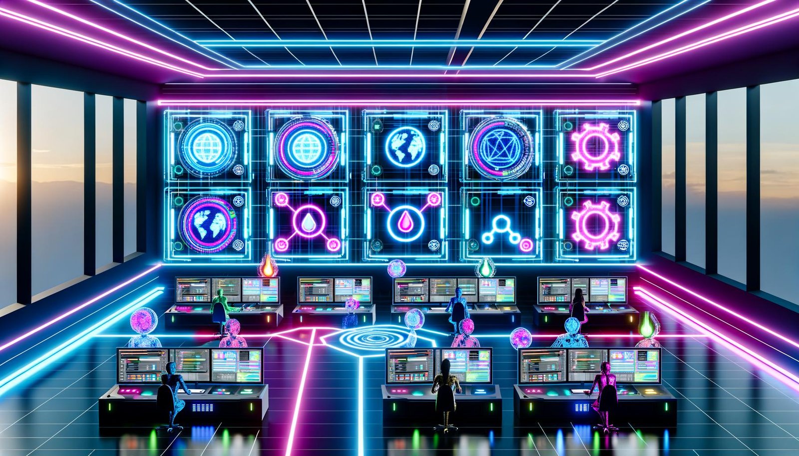 Futuristischer Raum mit digitalen Marketers analysiert Datenströme an holografischen Dashboards und API-Verbindungen zwischen Headless CMS, KI und Smart Devices