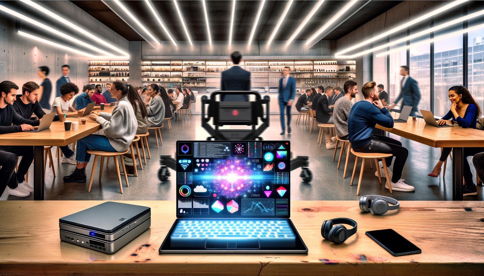 Ultraschlankes futuristisches Notebook mit leuchtendem Display, umgeben von jungen Professionals mit Kopfhörern und Smartwatches in einem modernen Café. Im Hintergrund steckdosenlose Arbeitsplätze, vorn ein altes, schweres Notebook als Kontrast.