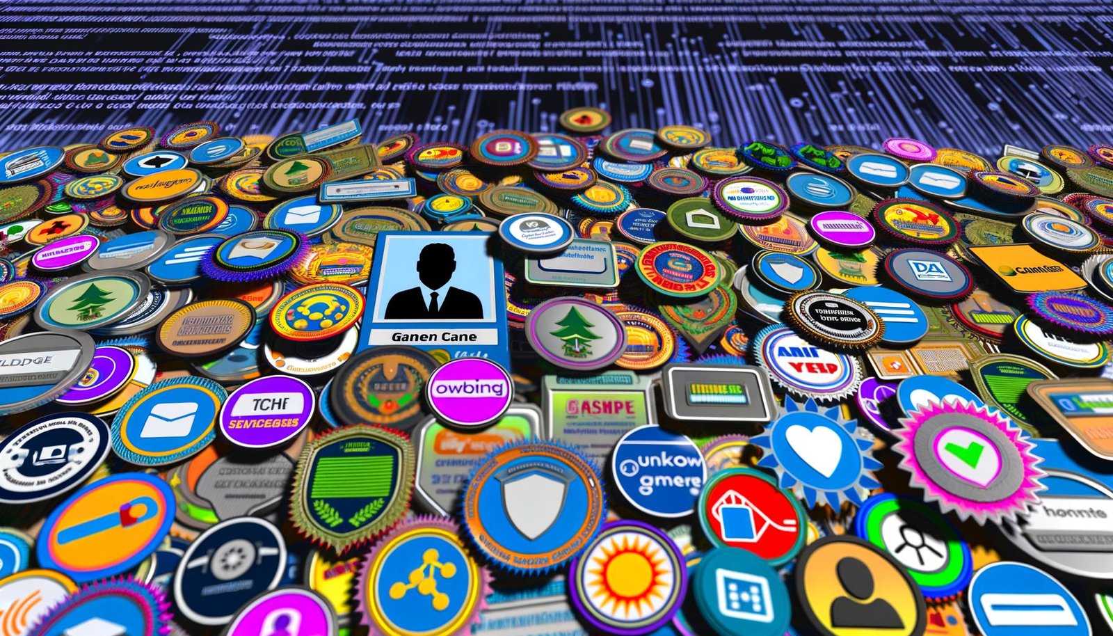 Überladenes LinkedIn-Profil mit zahlreichen digitalen Zertifikats-Badges von Google, Meta, AWS, HubSpot und anderen Anbietern, das Profilbild ist kaum sichtbar und der Lebenslauf verschwimmt im Hintergrund.