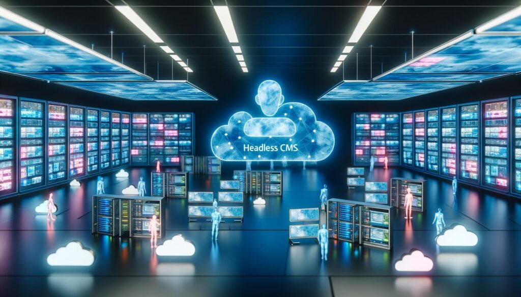 Futuristischer Kontrollraum mit leuchtenden Datenpanels und Serverracks, Technikprofis bedienen transparente Bildschirme, Headless CMS Roboterinterface im Zentrum mit Cloud-Icons und API-Verbindungen.