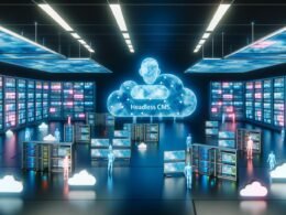 Futuristischer Kontrollraum mit leuchtenden Datenpanels und Serverracks, Technikprofis bedienen transparente Bildschirme, Headless CMS Roboterinterface im Zentrum mit Cloud-Icons und API-Verbindungen.