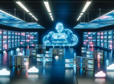 Futuristischer Kontrollraum mit leuchtenden Datenpanels und Serverracks, Technikprofis bedienen transparente Bildschirme, Headless CMS Roboterinterface im Zentrum mit Cloud-Icons und API-Verbindungen.