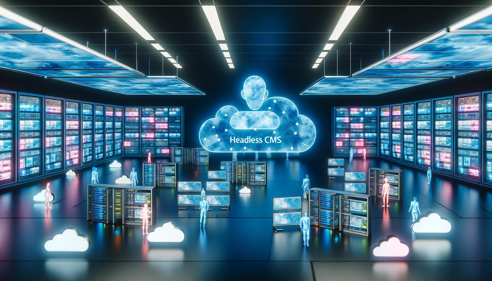 Futuristischer Kontrollraum mit leuchtenden Datenpanels und Serverracks, Technikprofis bedienen transparente Bildschirme, Headless CMS Roboterinterface im Zentrum mit Cloud-Icons und API-Verbindungen.