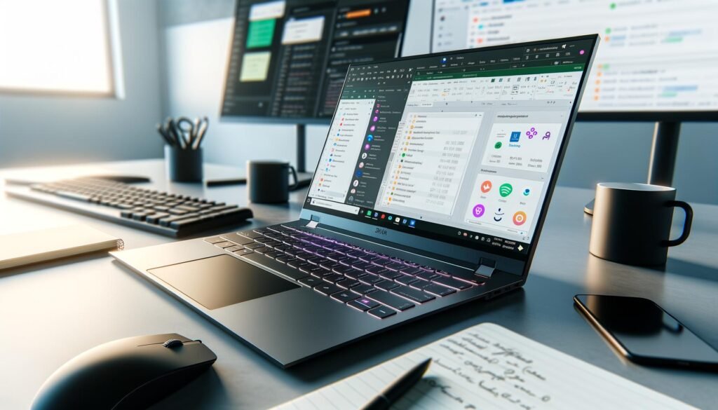 Modernes Business-Setup mit hochwertigem Notebook, großen Excel-Tabellen, Marketing-Tools, Bildbearbeitung und Slack auf hellem, cleanen Schreibtisch