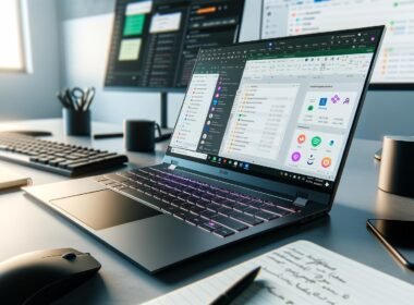 Modernes Business-Setup mit hochwertigem Notebook, großen Excel-Tabellen, Marketing-Tools, Bildbearbeitung und Slack auf hellem, cleanen Schreibtisch