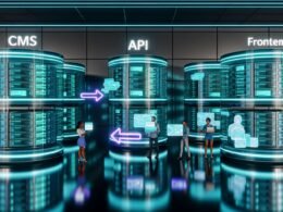 Futuristischer Serverraum mit modularen, neonbeleuchteten Datenservern und Teams, die an holografischen Oberflächen Inhalte für verschiedene digitale Kanäle verwalten.