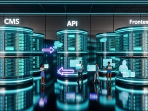 Futuristischer Serverraum mit modularen, neonbeleuchteten Datenservern und Teams, die an holografischen Oberflächen Inhalte für verschiedene digitale Kanäle verwalten.