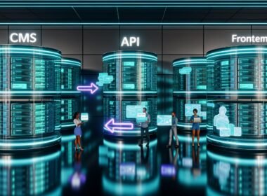 Futuristischer Serverraum mit modularen, neonbeleuchteten Datenservern und Teams, die an holografischen Oberflächen Inhalte für verschiedene digitale Kanäle verwalten.