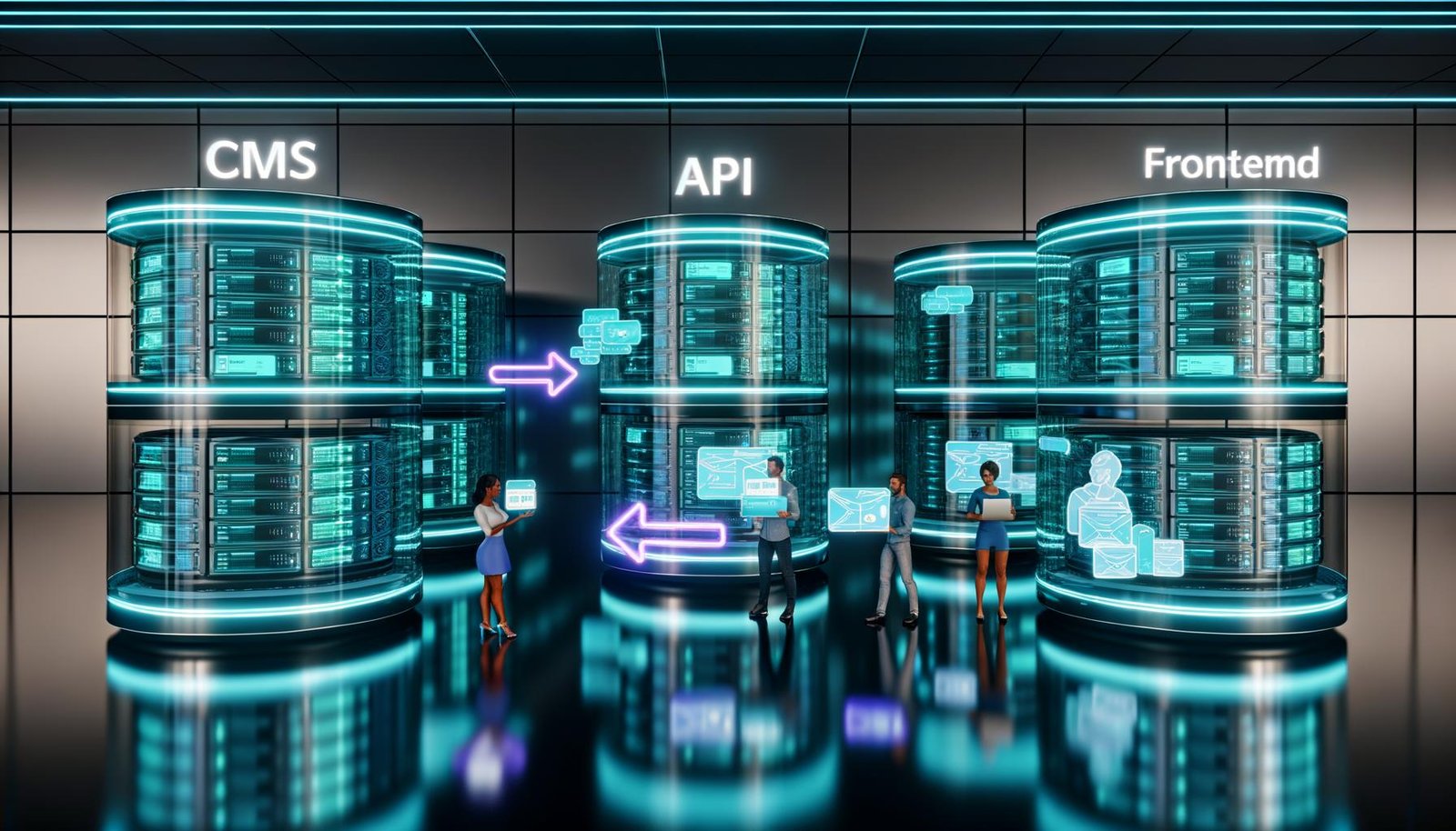 Futuristischer Serverraum mit modularen, neonbeleuchteten Datenservern und Teams, die an holografischen Oberflächen Inhalte für verschiedene digitale Kanäle verwalten.