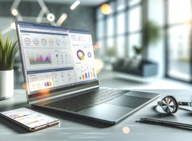 Modernes, geöffnetes Notebook mit Analyse-Dashboard und Social-Media-Statistiken auf einem minimalistischen Schreibtisch, daneben Smartphone, Kopfhörer und digitaler Stift, im Hintergrund heller Büroraum mit Tageslicht und Pflanzen