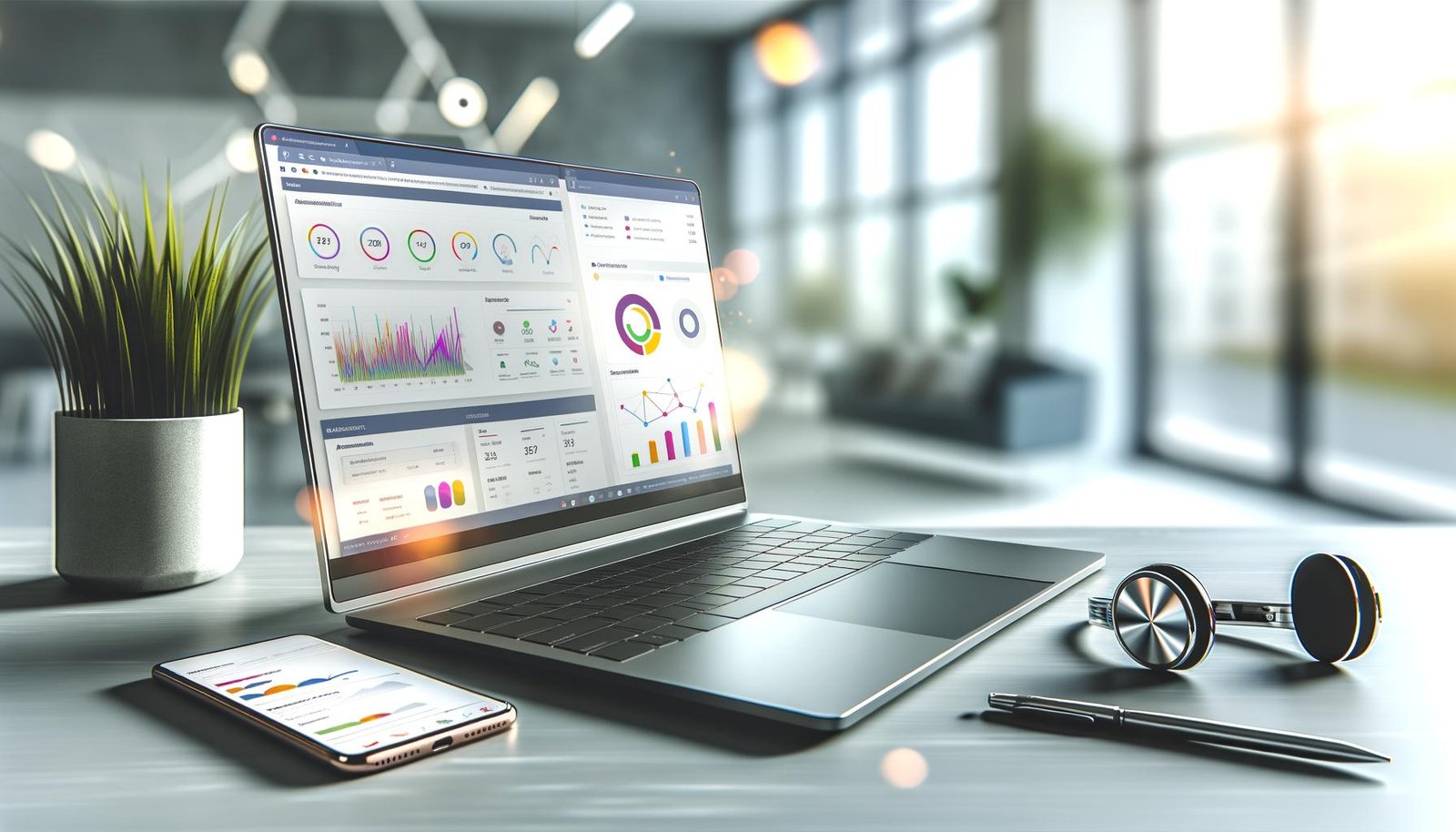 Modernes, geöffnetes Notebook mit Analyse-Dashboard und Social-Media-Statistiken auf einem minimalistischen Schreibtisch, daneben Smartphone, Kopfhörer und digitaler Stift, im Hintergrund heller Büroraum mit Tageslicht und Pflanzen