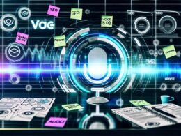 Futuristische Szene eines Schreibtischs mit mehreren Bildschirmen, auf denen digitale Voicewave-Elemente und KI-Symbole zu sehen sind. Daneben liegen Checklisten, Workflow-Skizzen und Notizzettel mit SEO-relevanten Stichworten. Im Hintergrund erscheint ein großes digitales Core-Update-Radar neben Suchmaschinenlogos und überdimensionalem Play-Button.