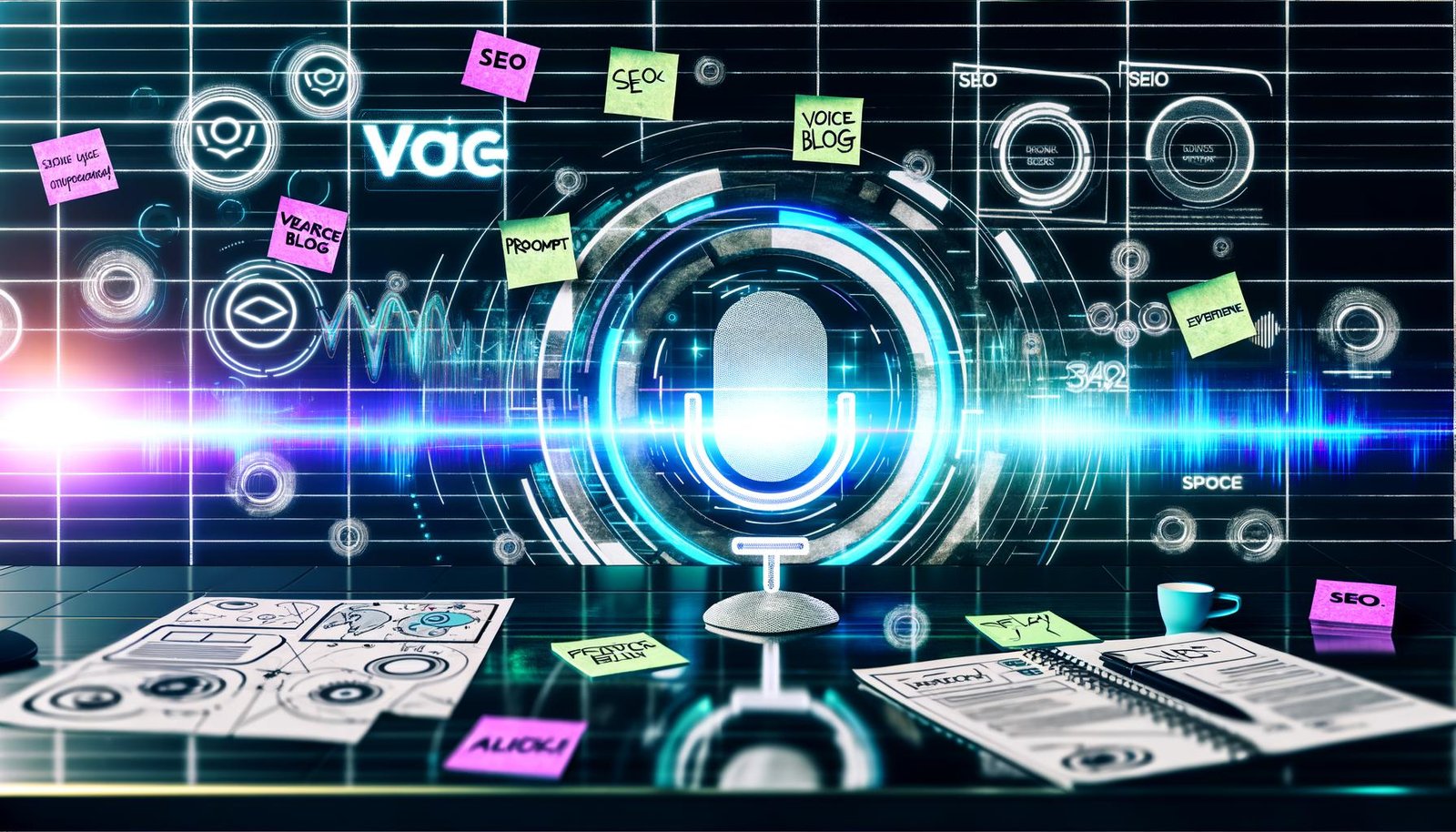 Futuristische Szene eines Schreibtischs mit mehreren Bildschirmen, auf denen digitale Voicewave-Elemente und KI-Symbole zu sehen sind. Daneben liegen Checklisten, Workflow-Skizzen und Notizzettel mit SEO-relevanten Stichworten. Im Hintergrund erscheint ein großes digitales Core-Update-Radar neben Suchmaschinenlogos und überdimensionalem Play-Button.