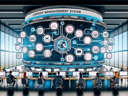 Futuristischer Content-Management-Kontrollraum mit zentralem CMS, vernetzten Bildschirmen für Websites, Apps, Social Media, digitale Experten und holografischen Interfaces in einer Hightech-Umgebung