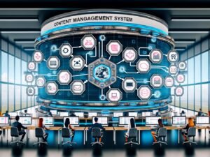 Futuristischer Content-Management-Kontrollraum mit zentralem CMS, vernetzten Bildschirmen für Websites, Apps, Social Media, digitale Experten und holografischen Interfaces in einer Hightech-Umgebung