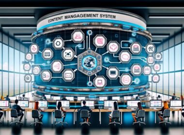 Futuristischer Content-Management-Kontrollraum mit zentralem CMS, vernetzten Bildschirmen für Websites, Apps, Social Media, digitale Experten und holografischen Interfaces in einer Hightech-Umgebung