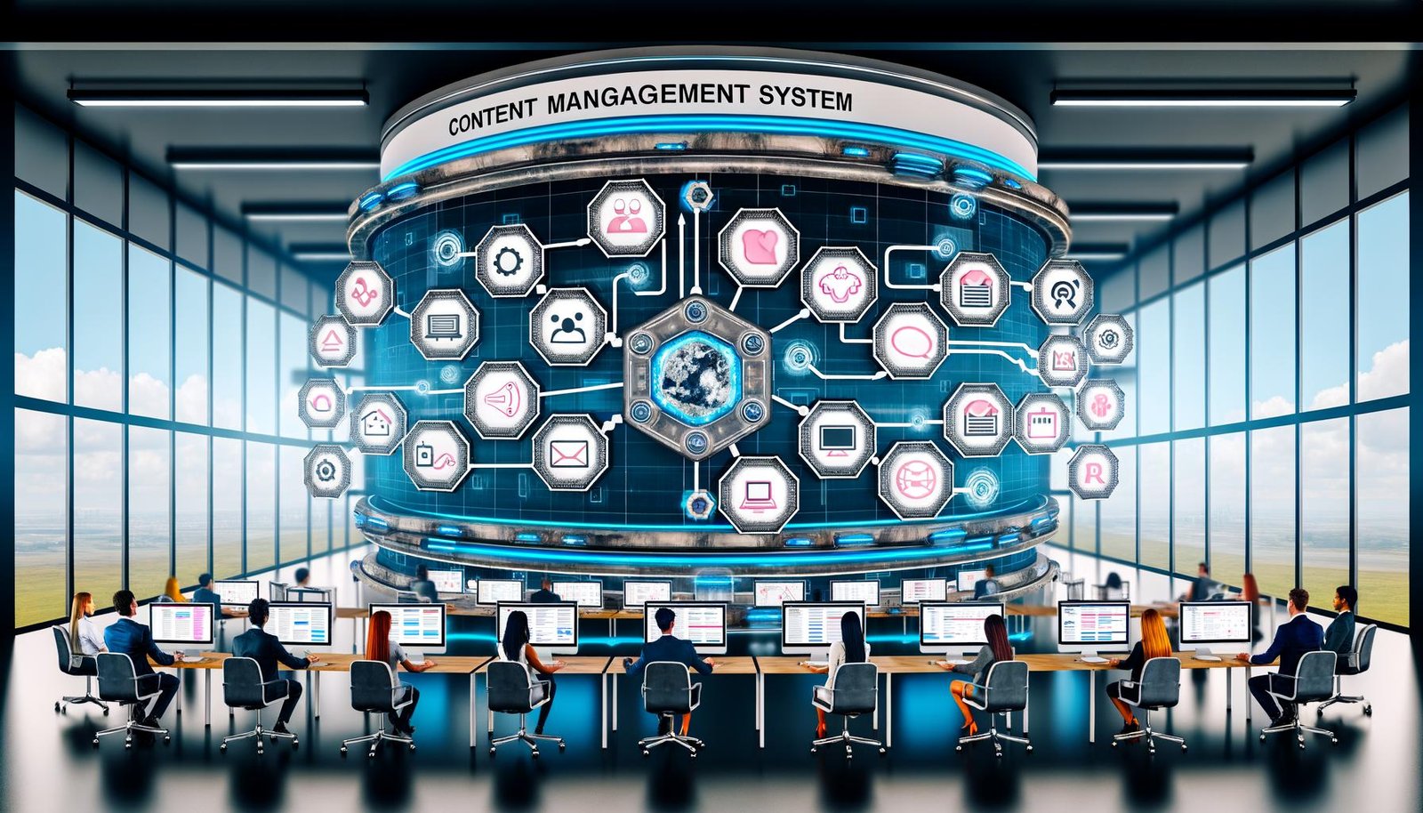 Futuristischer Content-Management-Kontrollraum mit zentralem CMS, vernetzten Bildschirmen für Websites, Apps, Social Media, digitale Experten und holografischen Interfaces in einer Hightech-Umgebung