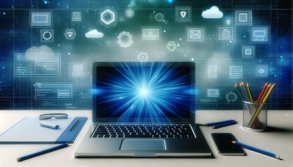 Moderner Laptop auf einem futuristischen Schreibtisch mit holografischen Dashboards, Sicherheits- und Technik-Icons