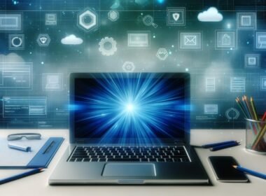 Moderner Laptop auf einem futuristischen Schreibtisch mit holografischen Dashboards, Sicherheits- und Technik-Icons