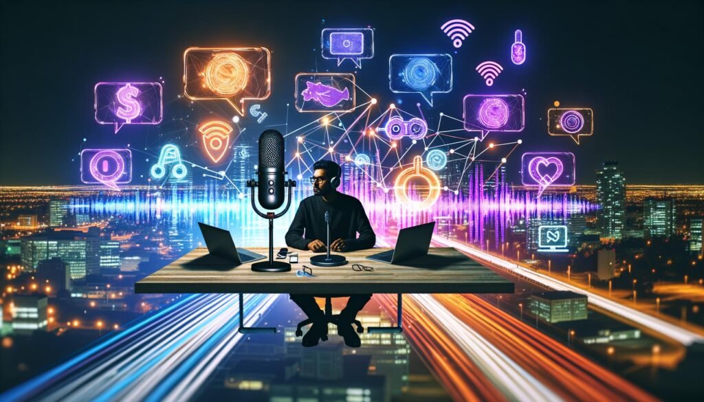 Moderner Content-Creator am Schreibtisch mit Laptops, Mikrofon, Smartphone und KI-Tools, umgeben von Sprechblasen, Wellenformen und Codes, vor digital beleuchtetem Stadtpanorama bei Dämmerung.