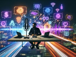 Moderner Content-Creator am Schreibtisch mit Laptops, Mikrofon, Smartphone und KI-Tools, umgeben von Sprechblasen, Wellenformen und Codes, vor digital beleuchtetem Stadtpanorama bei Dämmerung.
