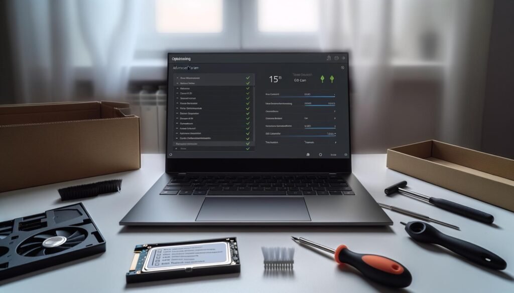 Moderner Laptop auf aufgeräumtem Schreibtisch mit Werkzeugen, offenen Notizen und technischer Systemübersicht auf dem Display.