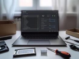 Moderner Laptop auf aufgeräumtem Schreibtisch mit Werkzeugen, offenen Notizen und technischer Systemübersicht auf dem Display.