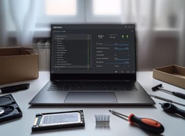 Moderner Laptop auf aufgeräumtem Schreibtisch mit Werkzeugen, offenen Notizen und technischer Systemübersicht auf dem Display.
