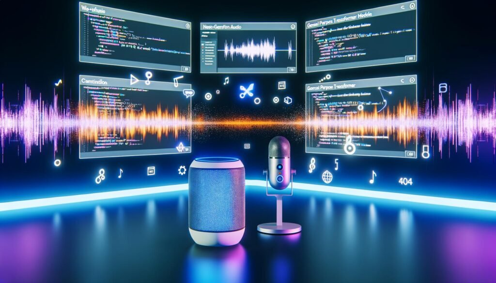 Futuristischer Workspace mit mehreren Bildschirmen, KI-Tools, leuchtendem Sprachassistenten, Mikrofon und visualisierten Datenflüssen für automatisierte Podcast- und Content-Erstellung.