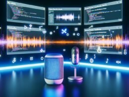 Futuristischer Workspace mit mehreren Bildschirmen, KI-Tools, leuchtendem Sprachassistenten, Mikrofon und visualisierten Datenflüssen für automatisierte Podcast- und Content-Erstellung.