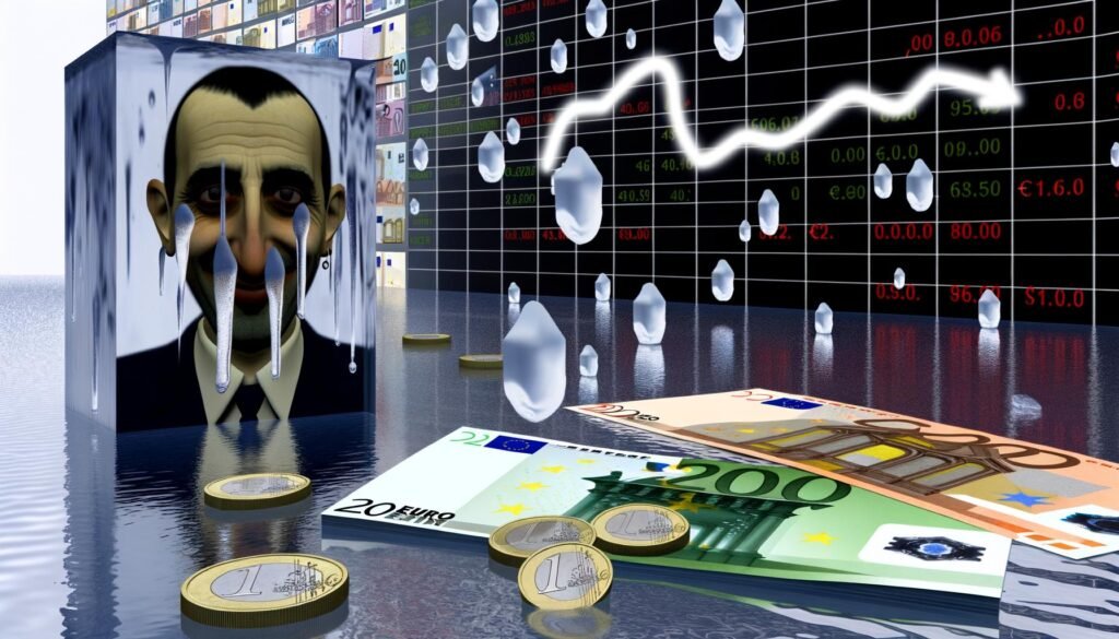 Abstrakte Szene mit schmelzendem Eiswürfel auf Sparbuch, tropfenden Euro-Münzen, grinsendem Banker hinter Geldscheinen, Produktbroschüren zu Inflationsschutz und verblassender Wand aus fallenden Banknoten vor Hintergrund einer steigenden Inflationsanzeige.