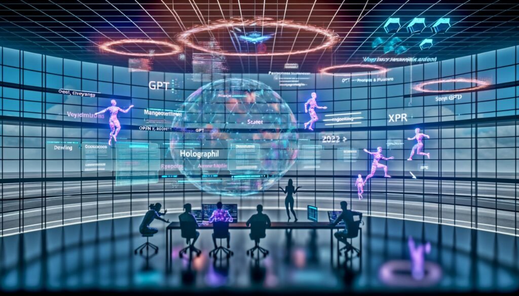 Kreatives Team aus verschiedenen Tech-Bereichen arbeitet gemeinsam an holografischen XR-Interfaces mit digitalen Dashboards, KI-gestützter Automatisierung und innovativen Workflows.