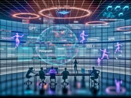 Kreatives Team aus verschiedenen Tech-Bereichen arbeitet gemeinsam an holografischen XR-Interfaces mit digitalen Dashboards, KI-gestützter Automatisierung und innovativen Workflows.