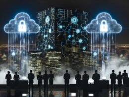 Düstere Stadtlandschaft bei Nacht mit leuchtenden Algorithmen-Gebäuden, schwebenden Black Boxes über Hochhäusern sowie Menschen, die verwirrt auf Diagramme und Gesetzestexte blicken.