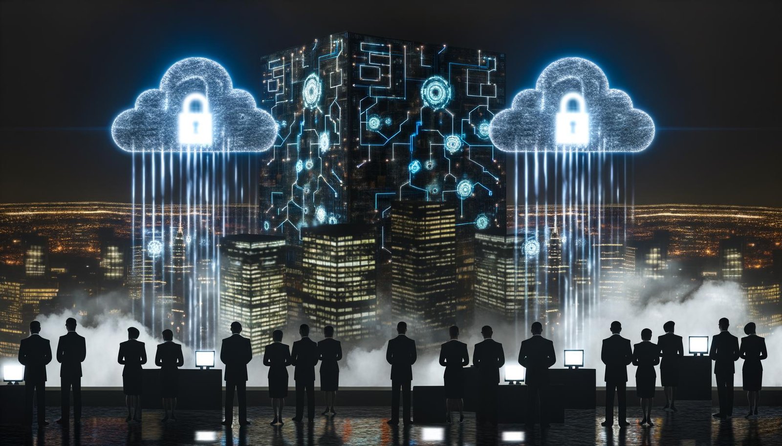 Düstere Stadtlandschaft bei Nacht mit leuchtenden Algorithmen-Gebäuden, schwebenden Black Boxes über Hochhäusern sowie Menschen, die verwirrt auf Diagramme und Gesetzestexte blicken.