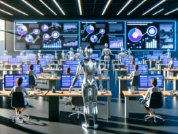 Digitale Zukunftsszene im Großraumbüro mit silbernen Robotern, menschenähnlichem KI-Agenten, großen Displays von LinkedIn, Analytics-Dashboards sowie überforderten Redakteuren und strategisch interagierenden Marketern.