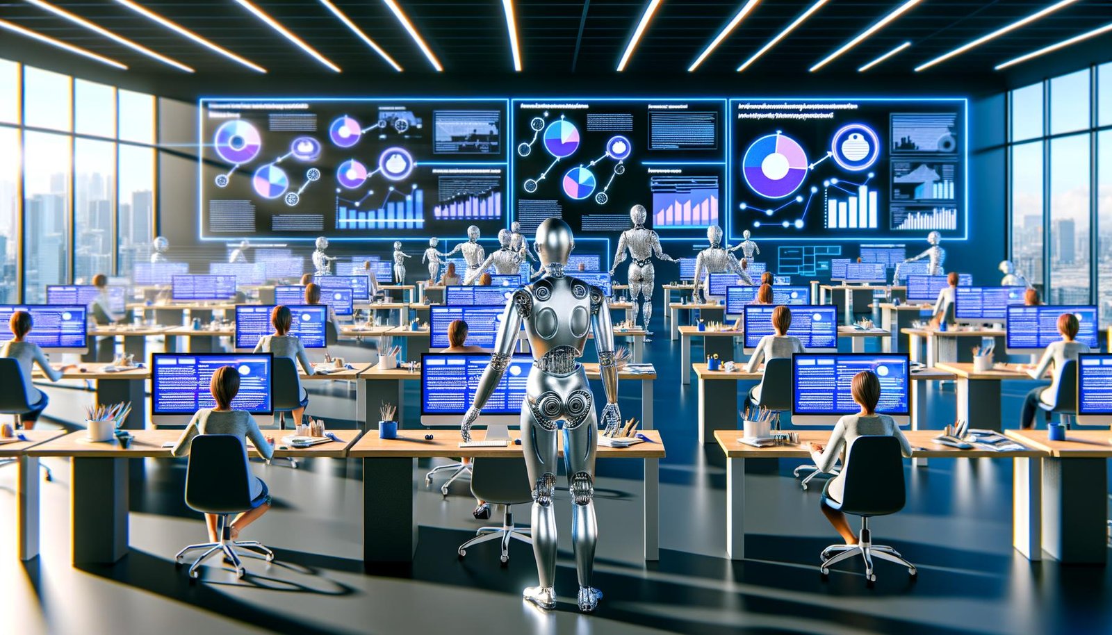 Digitale Zukunftsszene im Großraumbüro mit silbernen Robotern, menschenähnlichem KI-Agenten, großen Displays von LinkedIn, Analytics-Dashboards sowie überforderten Redakteuren und strategisch interagierenden Marketern.